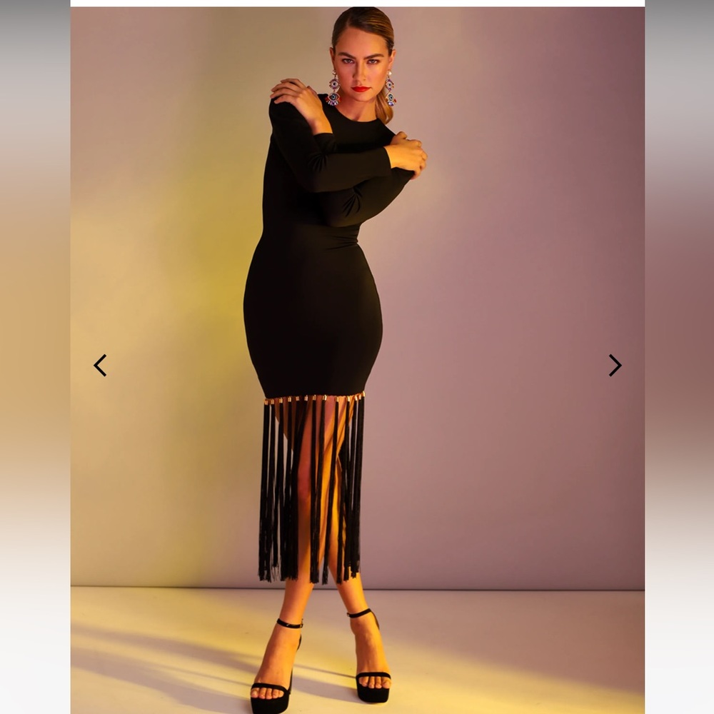 NWT - HELSI “Greta” Puff Sleeve Black Fringe Midi Dress with Gold Accents